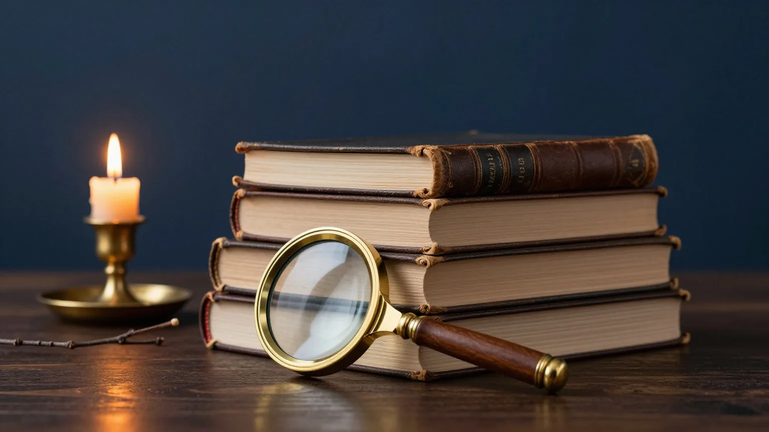 Stapel alter, in Leder gebundener Bücher ohne Beschriftung neben einer Lupe und einer brennenden Kerze auf einem Holztisch