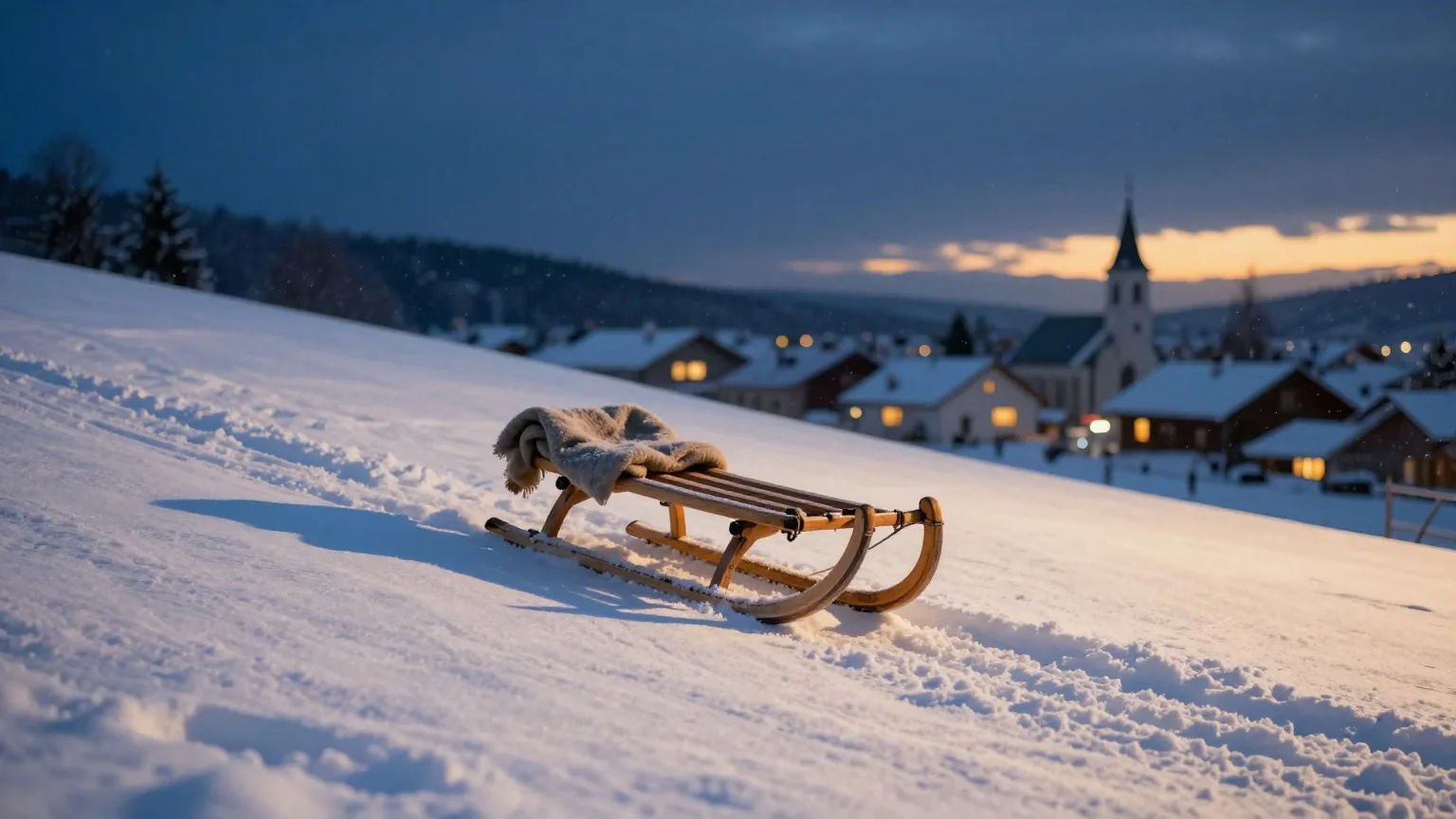 Hölzerner Schlitten auf einem verschneiten Hang in der blauen Stunde, im Hintergrund warm erleuchtete Fenster eines Dorfes