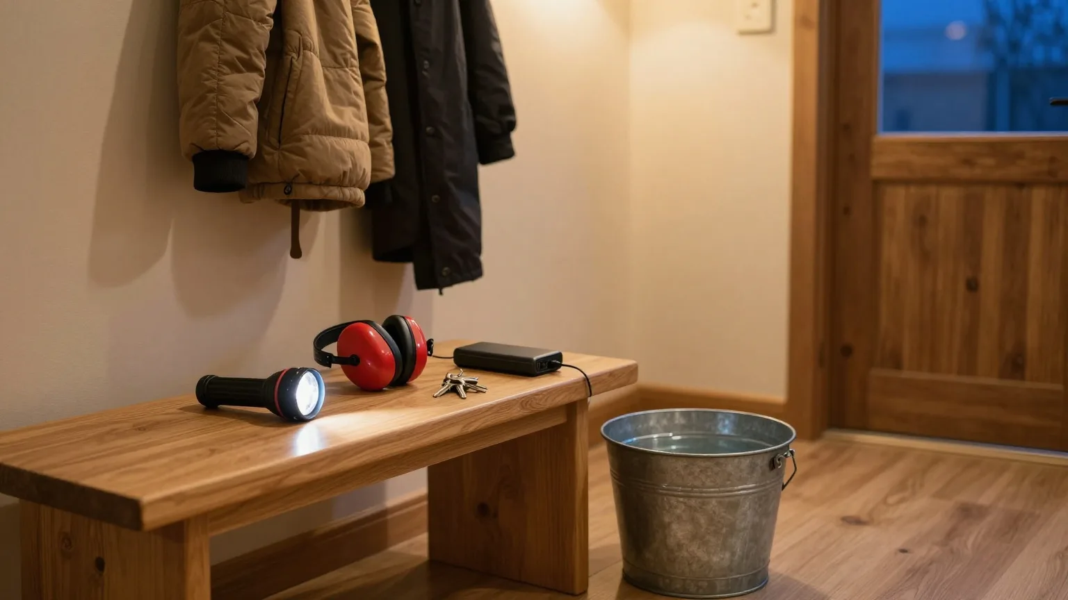 Taschenlampe, Kapselgehörschutz, Powerbank und Schlüsselbund liegen auf einer Holzbank im Flur, daneben steht ein Eimer mit Wasser