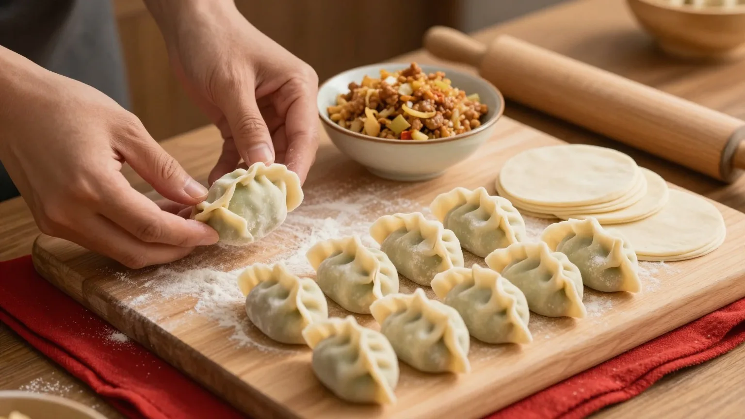 Hände falten Teigtaschen auf einem bemehlten Holzbrett, daneben Reihen fertiger Jiaozi