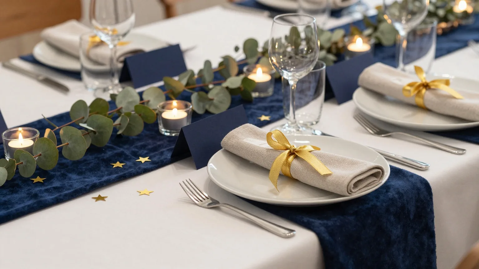 Festlich gedeckter Tisch mit weißer Decke, nachtblauem Läufer, Eukalyptuszweigen, Goldsternen, Windlichtern und mit Goldband gebundenen Servietten