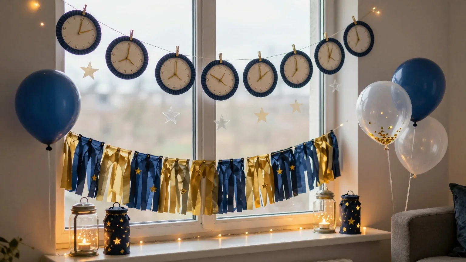Wohnzimmer mit Silvester-Deko in Nachtblau und Gold: Uhren-Girlande ohne Zahlen, Papiersterne am Fenster, Konfetti-Ballons und Windlichter
