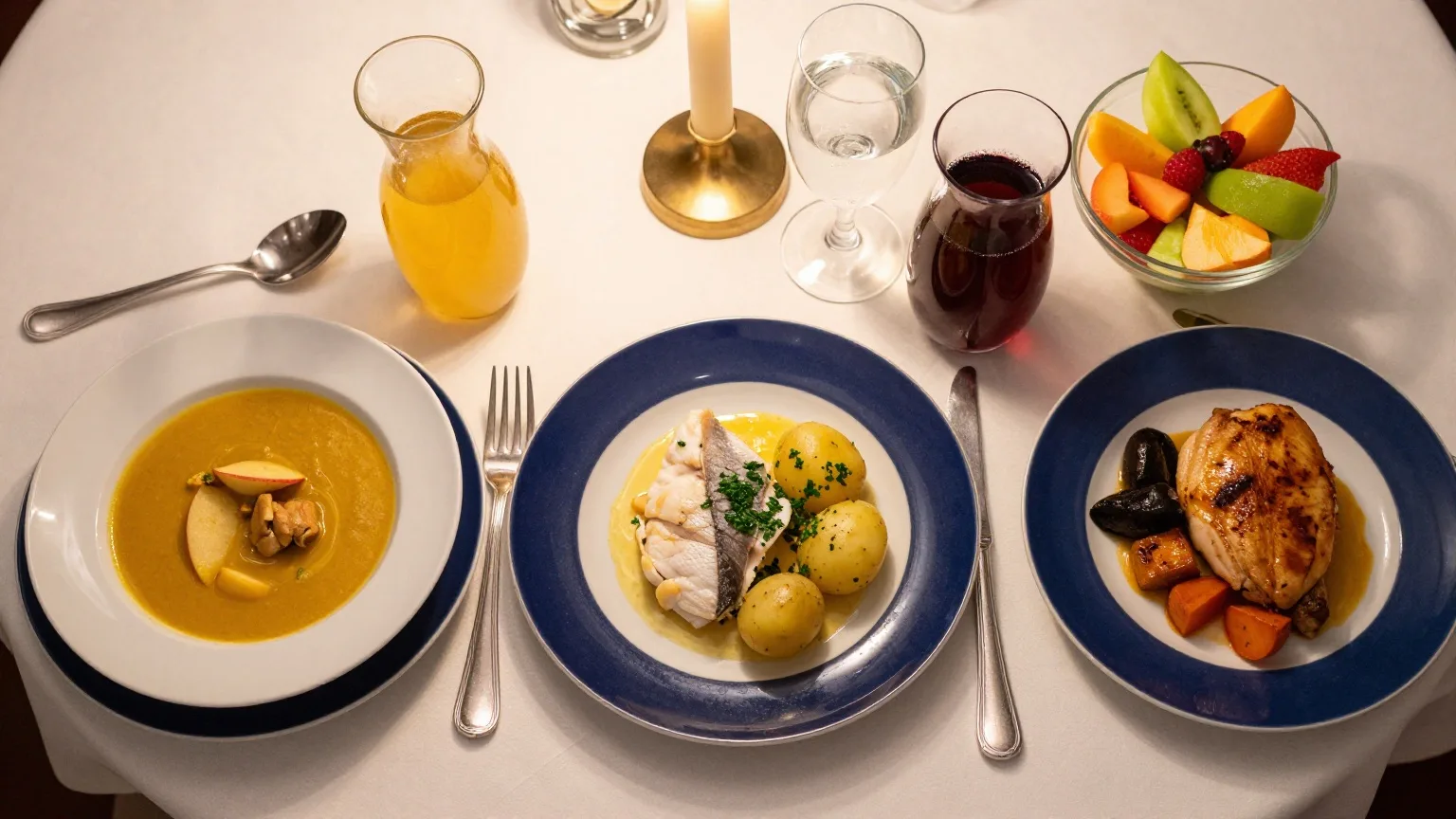 Vier Gänge auf weißer Tischdecke: Currysuppe, Schellfischfilet mit Kartoffeln, Hähnchen mit Gemüse und Obstsalat, dazu Karaffen mit Saft und Wasser