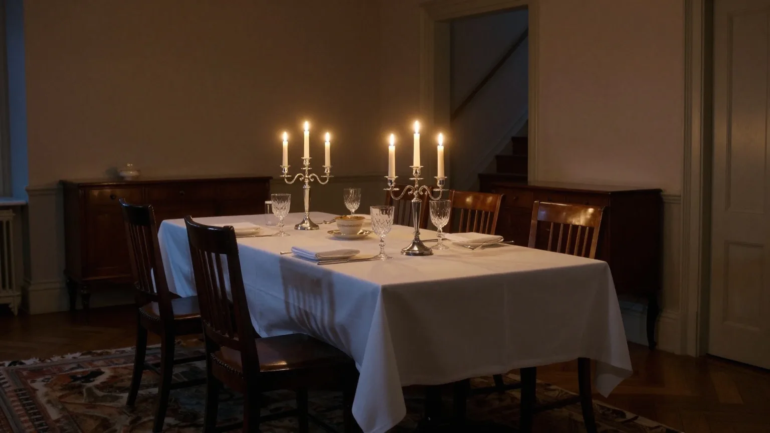 Festlich gedeckte lange Tafel mit Kerzenleuchtern, einem Gedeck am Kopfende und vier leeren Stühlen, am Bildrand ein Fellvorleger