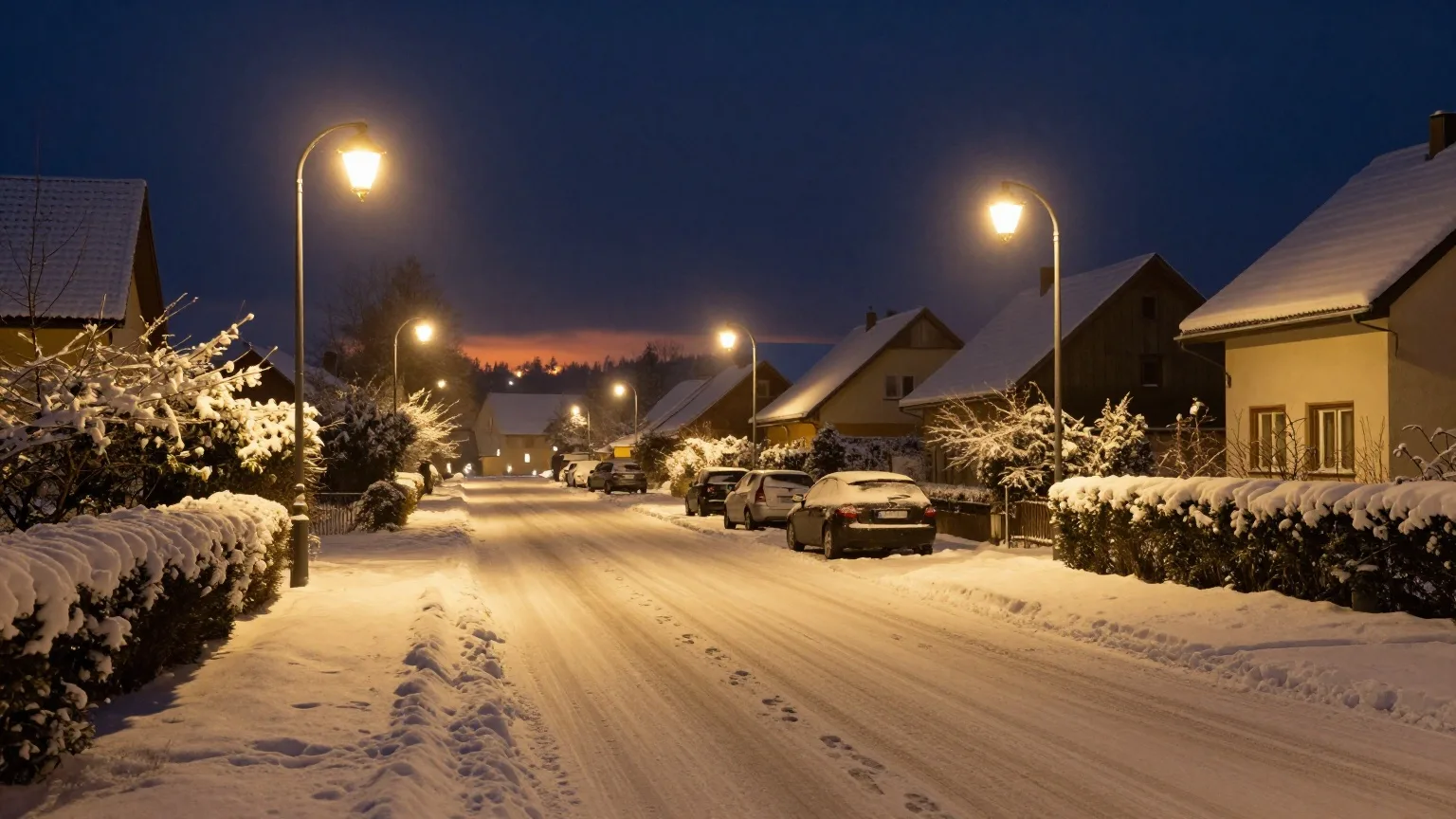 Verschneite Straße bei Nacht mit warm leuchtenden Laternen, am fernen Himmel ein schwacher goldener Lichtschein