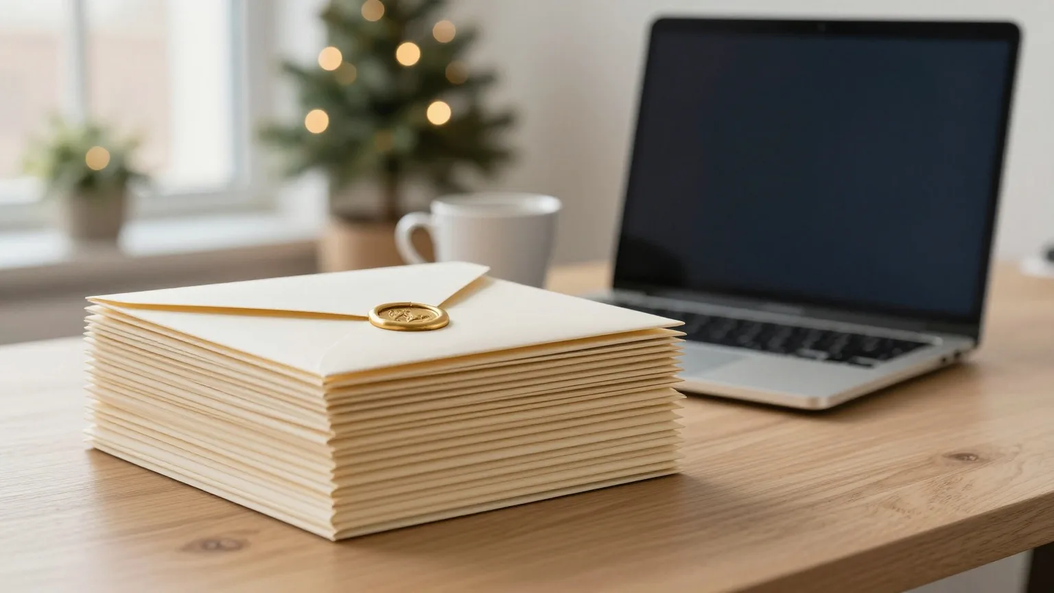 Stapel cremefarbener Briefumschläge mit goldenen Wachssiegeln neben einem zugeklappten Laptop und einer Kaffeetasse auf einem hellen Schreibtisch
