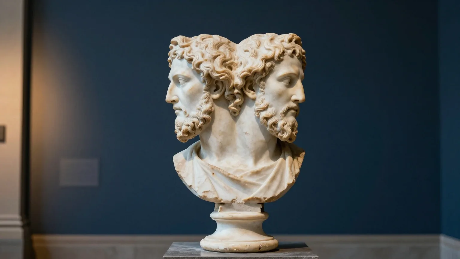 Marmorbüste mit zwei in entgegengesetzte Richtungen blickenden Köpfen im Stil römischer Janus-Darstellungen, seitlich warm beleuchtet