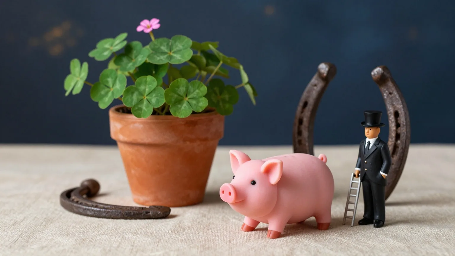 Stillleben auf Leinen mit Marzipanschwein, Glücksklee im Tontopf, altem Hufeisen und kleiner Schornsteinfegerfigur