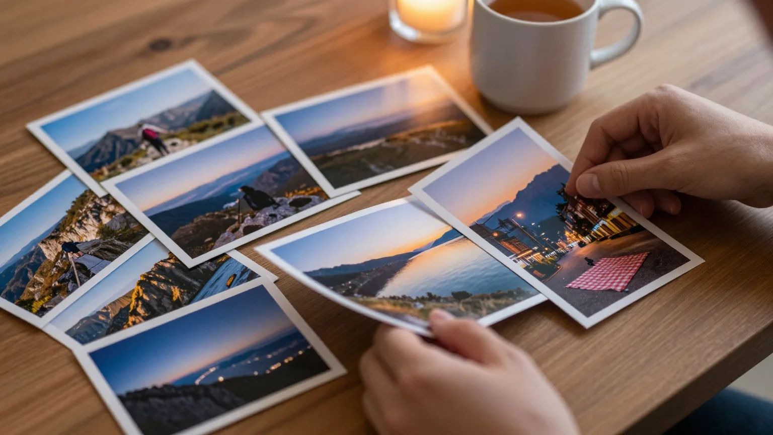 Zwei Hände sortieren Fotoabzüge von Landschaften und Ausflügen auf einem Holztisch