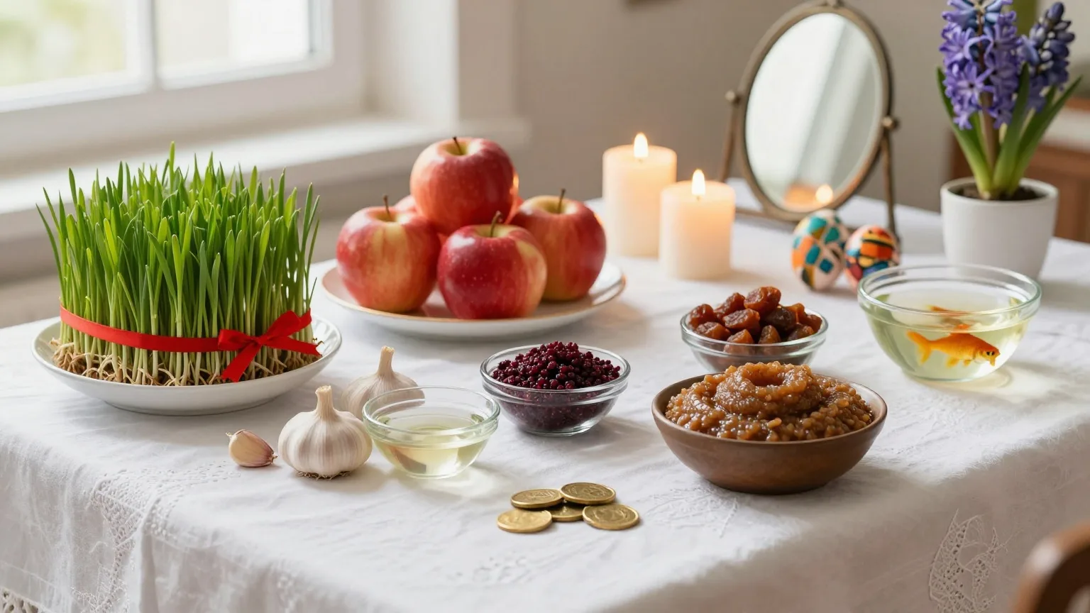 Gedeckter Haft-Sin-Tisch mit Weizensprossen, Äpfeln, Knoblauch, Münzen, Kerzen, Spiegel, Goldfischglas und Hyazinthen