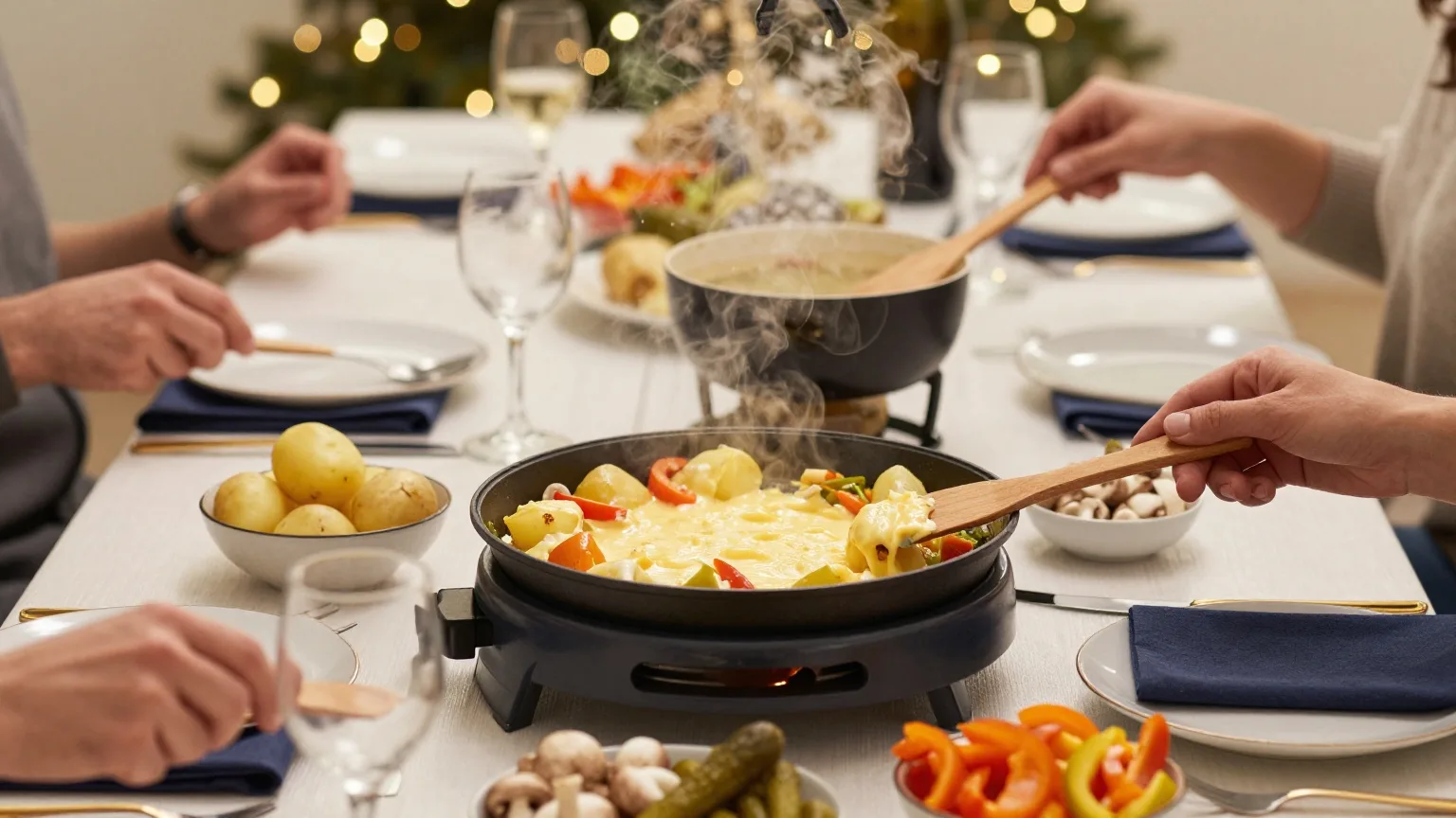 Raclette-Grill mit Pfännchen voller geschmolzenem Käse und Gemüse auf einem festlich gedeckten Tisch, daneben ein Fonduetopf und Schalen mit Kartoffeln