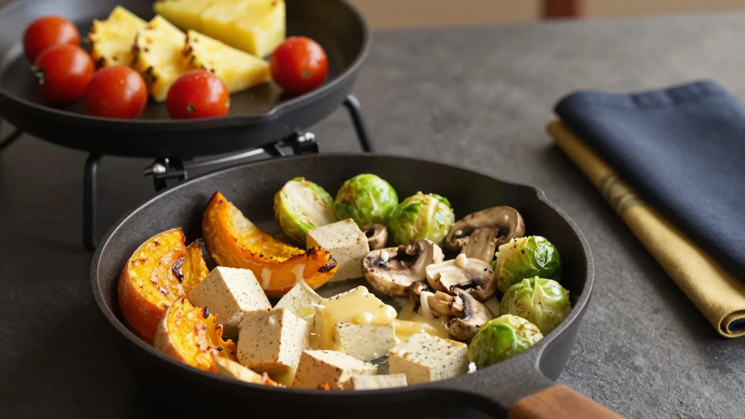 Raclette-Pfännchen mit Räuchertofu, Kürbis, Rosenkohl, Champignons und geschmolzenem Käse auf der Grillplatte