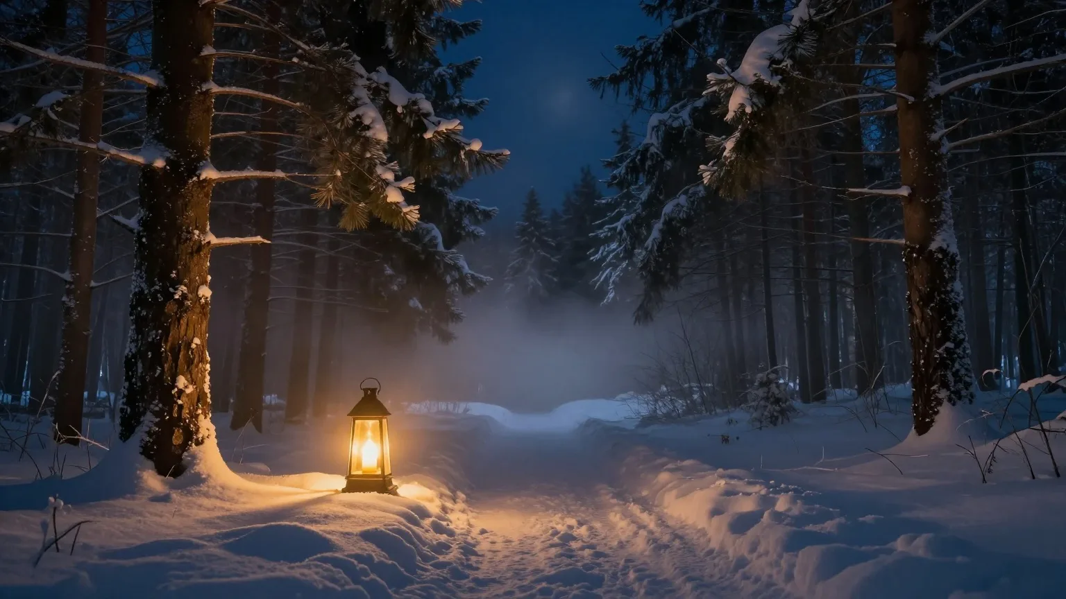 Verschneiter Fichtenwald bei Nacht, eine Laterne leuchtet warm im Nebel zwischen den Bäumen