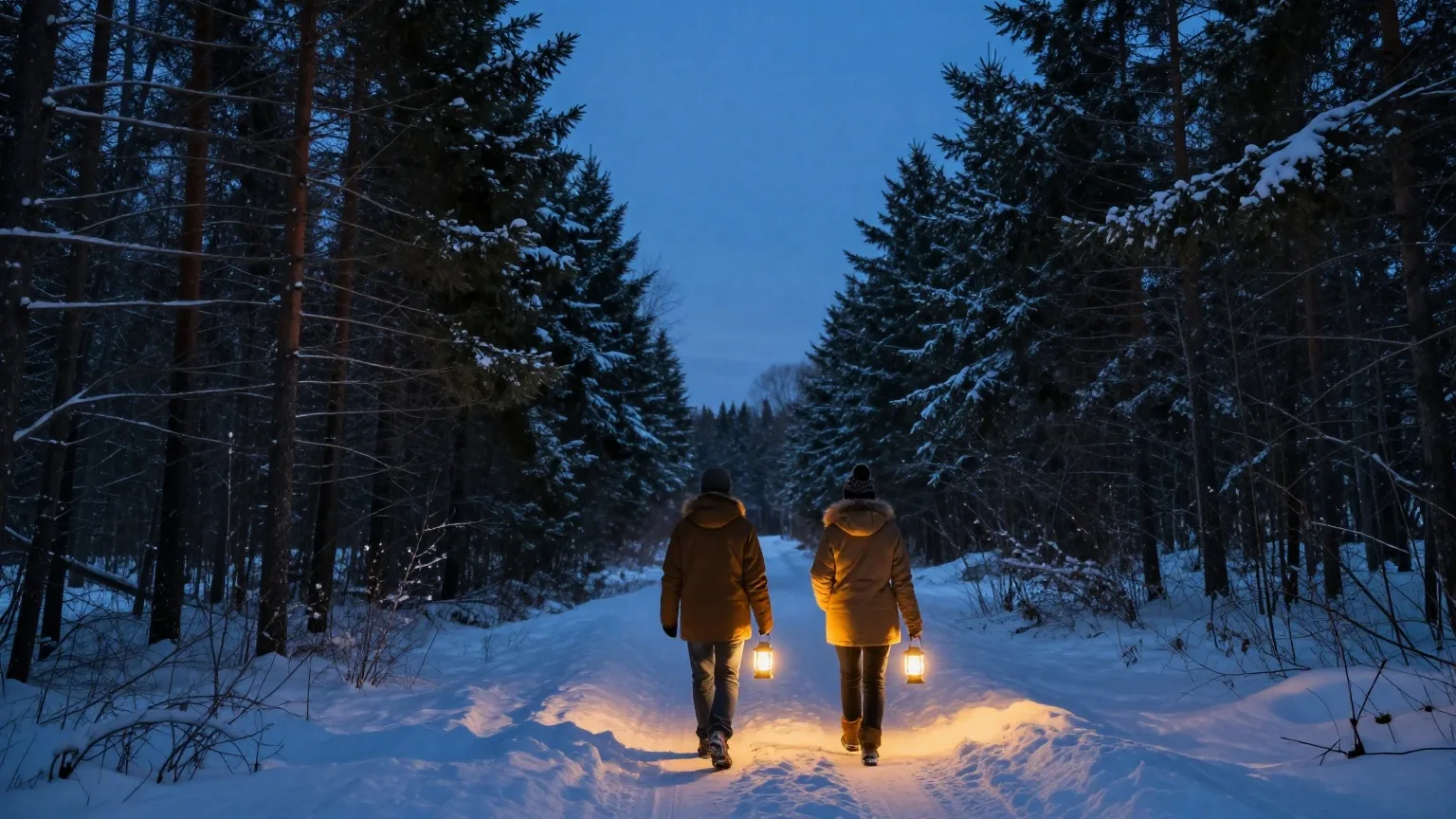 Zwei Menschen in Winterjacken gehen von hinten gesehen mit leuchtenden Laternen einen verschneiten Waldweg entlang, darüber dunkelblauer Abendhimmel