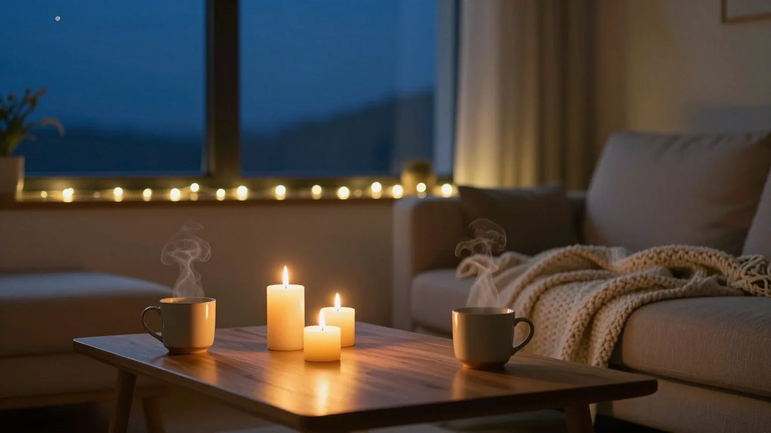 Gemütliches Wohnzimmer am Abend mit brennenden Kerzen auf dem Couchtisch, einer Lichterkette am Fenster und zwei dampfenden Tassen
