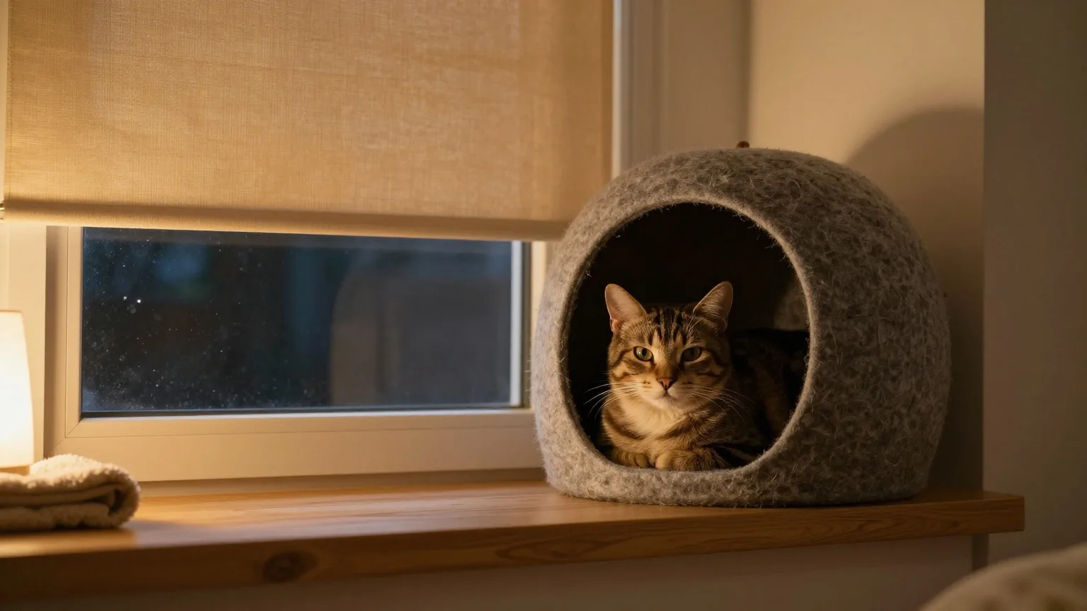 Katze ruht in einer grauen Filzhöhle neben einem Fenster mit geschlossenem Rollo