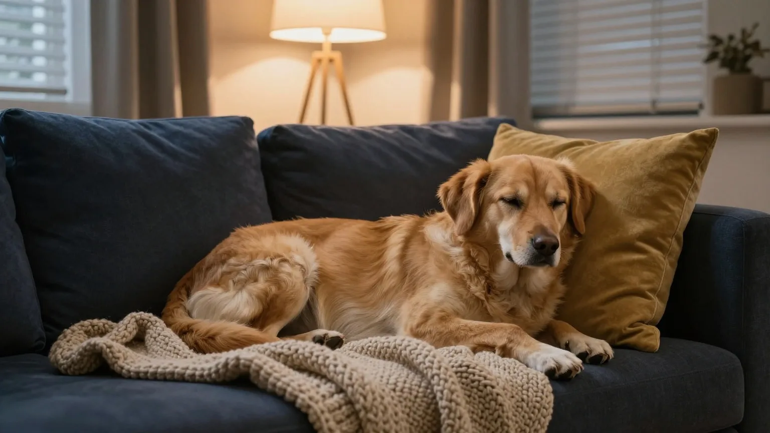 Entspannter Hund liegt unter einer Wolldecke auf dem Sofa in einem warm beleuchteten Wohnzimmer