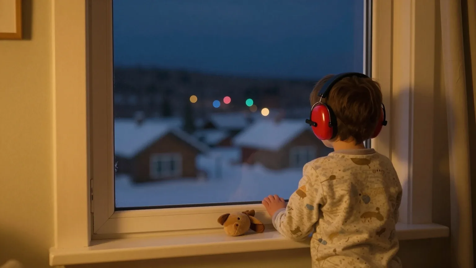 Ein kleines Kind mit rotem Kapselgehörschutz steht im Schlafanzug am geschlossenen Fenster und blickt von hinten gesehen auf weit entfernte Lichter über verschneiten Dächern