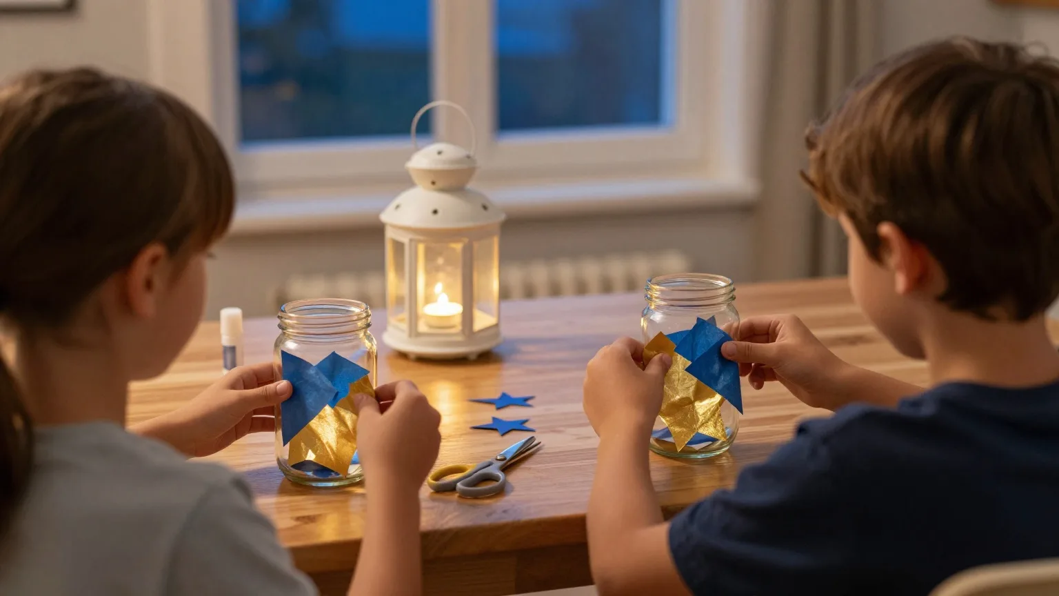 Zwei Kinder basteln von hinten gesehen am Holztisch Papierlaternen aus Transparentpapier, eine fertige Laterne leuchtet mit LED-Teelicht