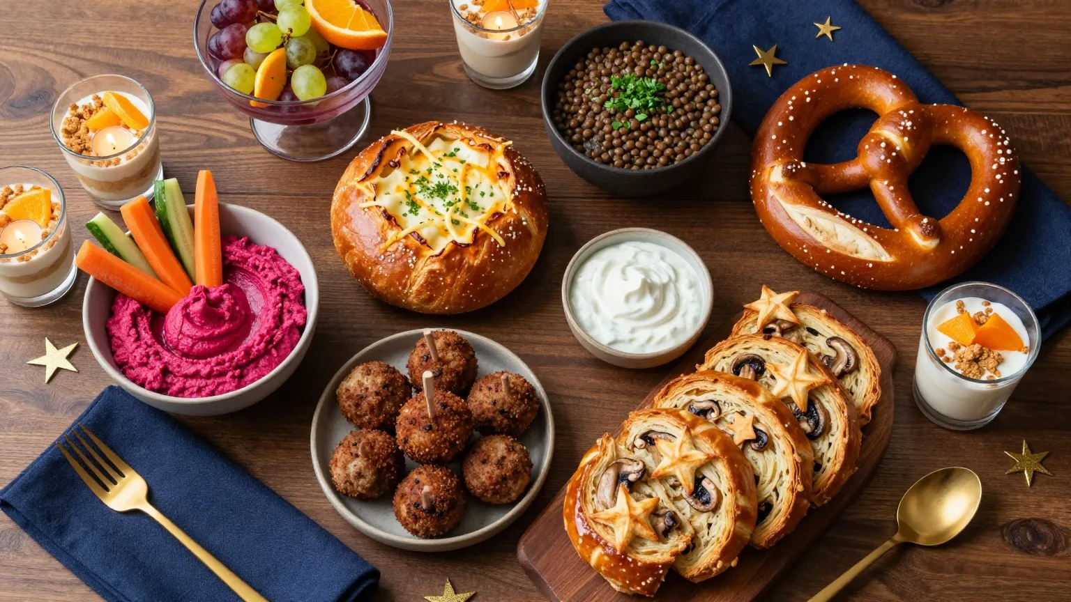 Silvester-Buffet von oben auf dunklem Holztisch mit Rote-Bete-Hummus, Zupfbrot, Mini-Frikadellen, Pilz-Wellington, Linsentopf, Neujahrsbrezel, Dessertgläsern und Bowle
