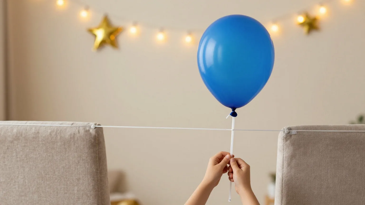Ein blauer Luftballon hängt mit Klebeband an einem Strohhalm auf einer quer durchs Wohnzimmer gespannten Schnur, zwei Kinderhände halten ihn fest