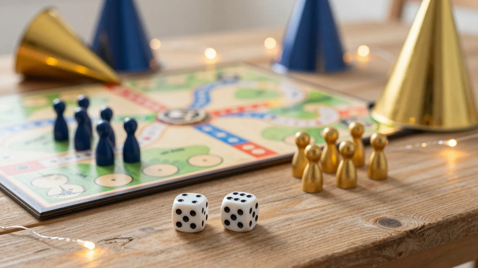 Zwei Würfel, hölzerne Spielfiguren und ein Brettspiel auf einem Holztisch, daneben goldene Partyhütchen und eine leuchtende Lichterkette