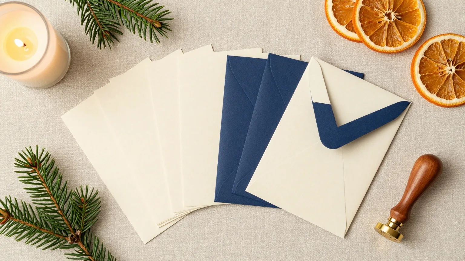 Stapel unbeschriebener Klappkarten in Creme und Nachtblau mit passenden Umschlägen, goldenem Siegelwachs und Tannenzweigen auf einer Leinendecke