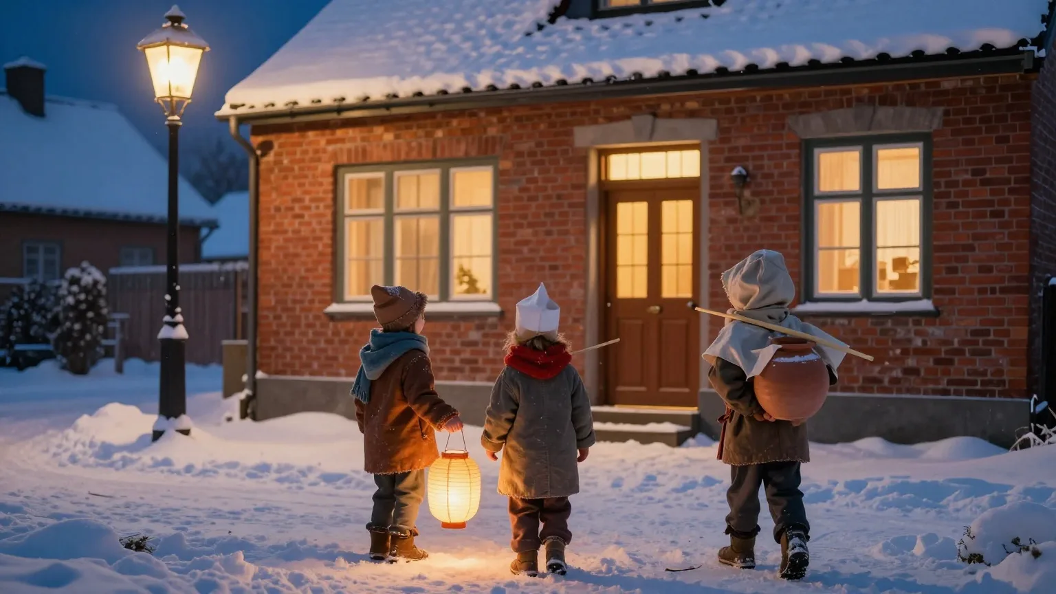 Drei verkleidete Kinder in Rückenansicht mit einer Laterne und einem Tontopf vor einer beleuchteten Haustür in einer verschneiten Winternacht