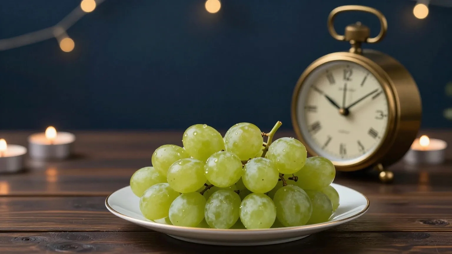 Zwölf grüne Weintrauben auf einem weißen Porzellanteller neben einer alten Uhr ohne Ziffern, deren Zeiger kurz vor Mitternacht stehen