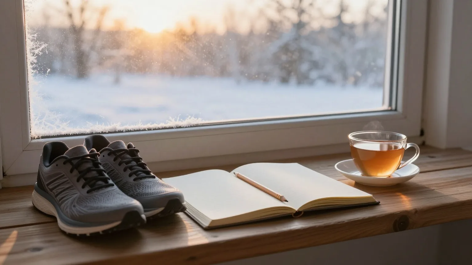 Laufschuhe und ein aufgeschlagenes, unbeschriebenes Notizbuch auf einer Fensterbank, draußen geht die Sonne auf