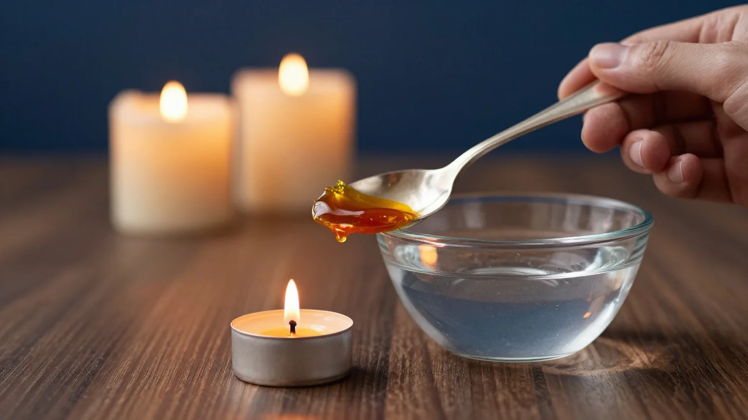Löffel mit geschmolzenem Wachs über einer Glasschale mit Wasser, darunter ein brennendes Teelicht, im Hintergrund Kerzenlicht