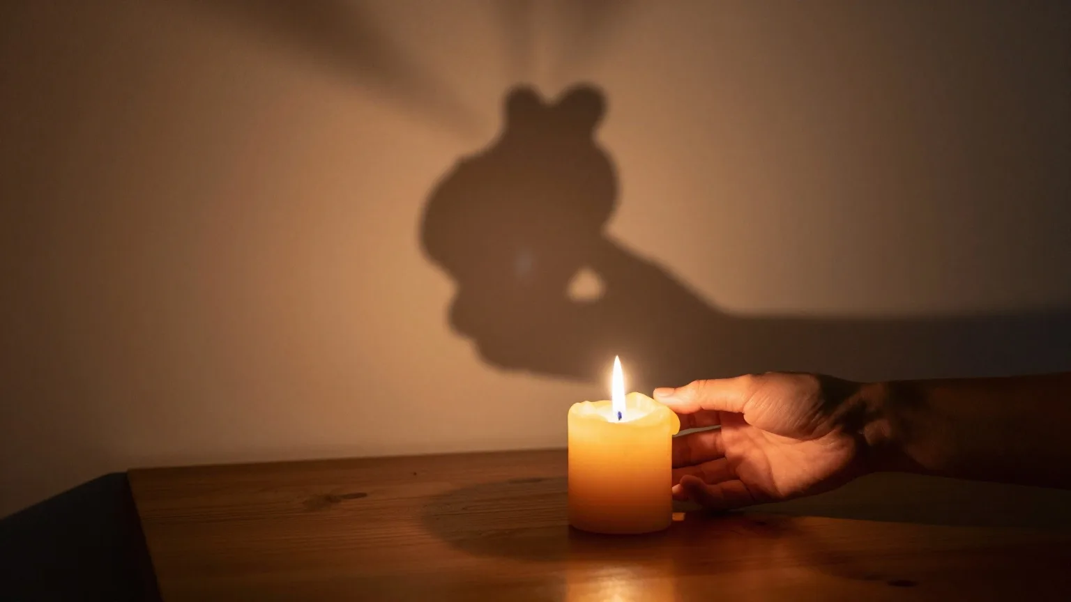 Hand hält eine Wachsfigur nah an eine brennende Kerze, an der hellen Wand zeichnet sich ihr stark vergrößerter Schatten ab