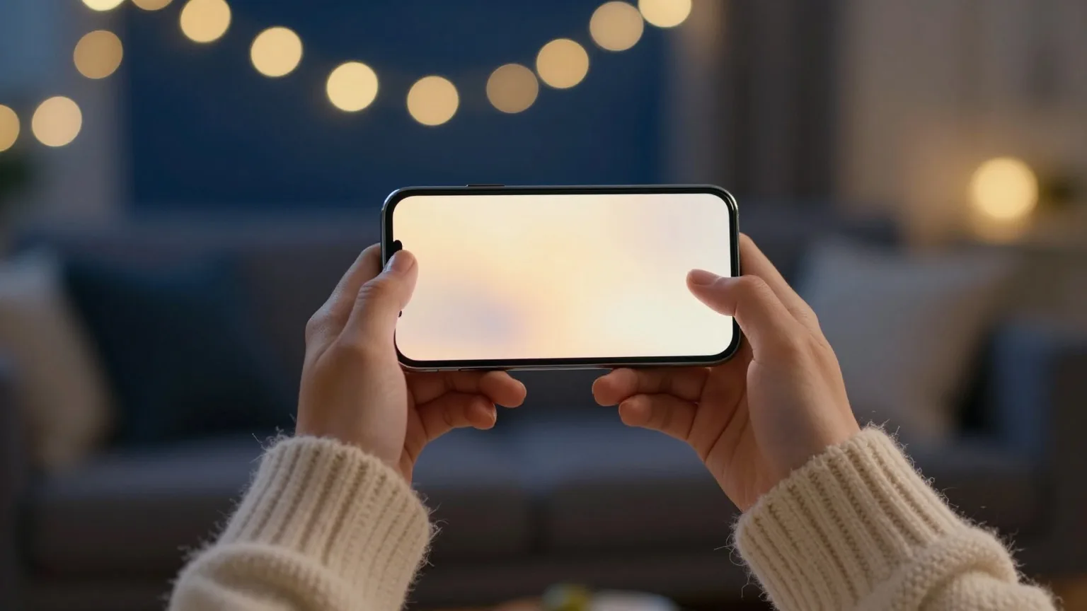 Zwei Hände halten ein Smartphone mit leuchtendem, unbeschriftetem Bildschirm vor warmem Bokeh einer Lichterkette in einem dunkelblauen Wohnzimmer