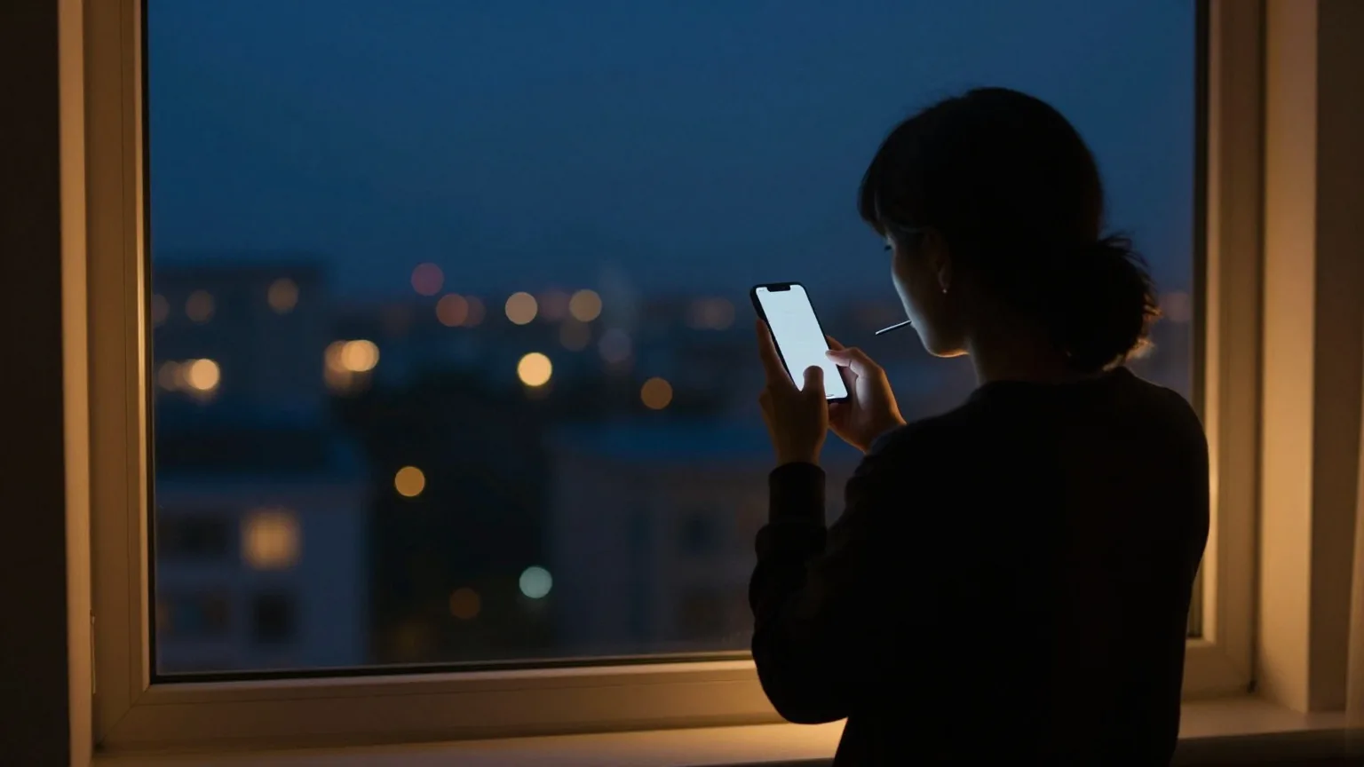 Silhouette einer Person in Rückenansicht am nächtlichen Fenster, die ein Smartphone vor den Mund hält, draußen unscharfe Lichter der Stadt