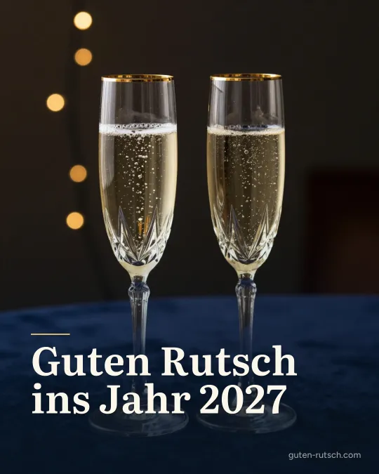 Zwei Sektgläser mit Goldrand auf dunkelblauem Samt zwischen warmen Lichtpunkten, darauf der Gruß „Guten Rutsch ins Jahr 2027“