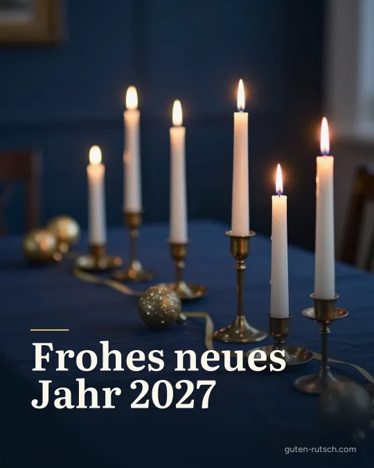 Festlich gedeckter Tisch mit Kerzen und goldenen Bändern vor dunkelblauem Hintergrund, darauf der Gruß „Frohes neues Jahr 2027“