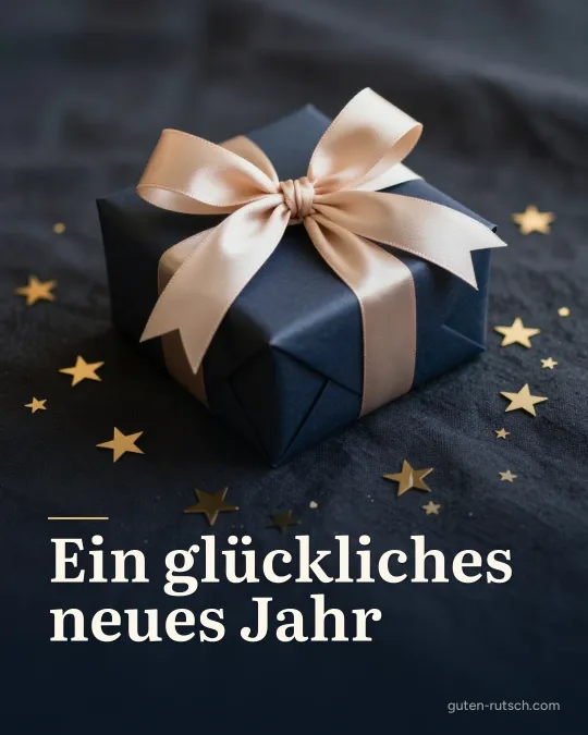 Geschenk mit champagnerfarbener Schleife auf dunkelblauem Leinen, darauf der Gruß „Ein glückliches neues Jahr“