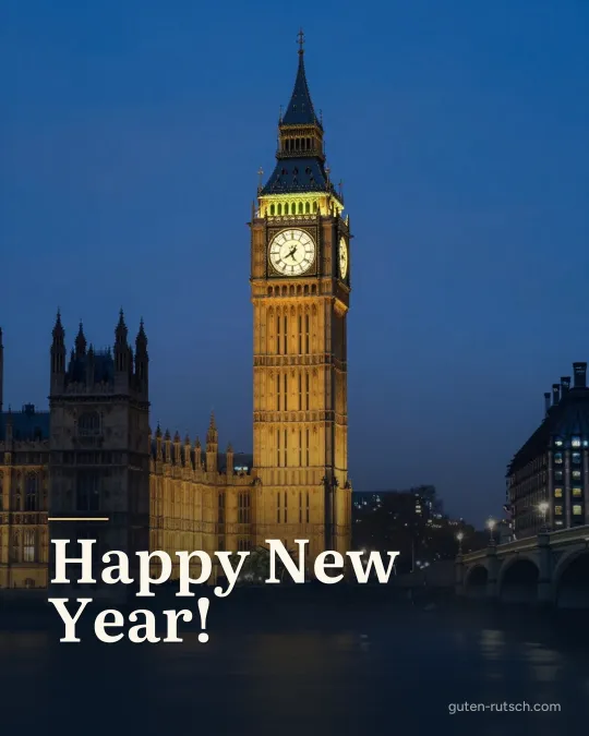 Londoner Uhrturm an der Themse in einer Winternacht, darauf der Gruß „Happy New Year!“