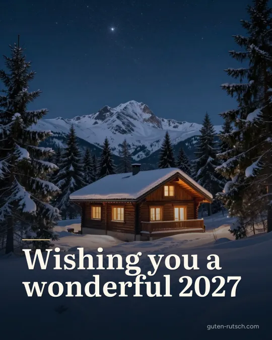 Verschneite Hütte mit warmem Licht unter Sternen, darauf der Gruß „Wishing you a wonderful 2027“