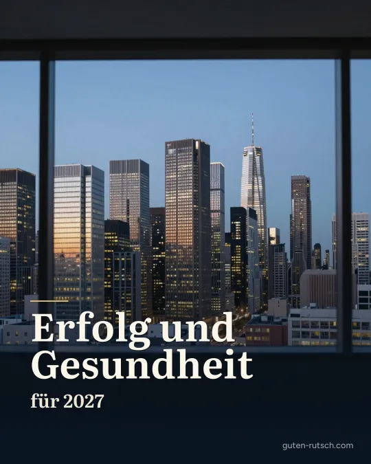 Stadtsilhouette in der blauen Stunde, gesehen aus einem Bürofenster, darauf der Gruß „Erfolg und Gesundheit für 2027“