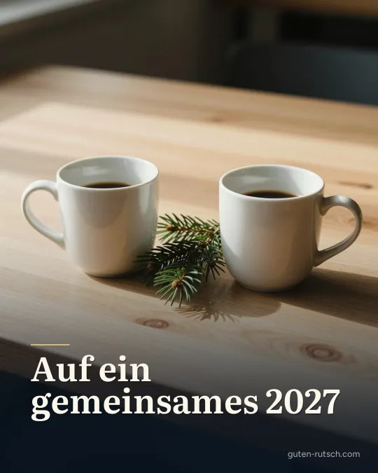 Zwei Kaffeetassen auf einem Holztisch im Morgenlicht, darauf der Gruß „Auf ein gemeinsames 2027“