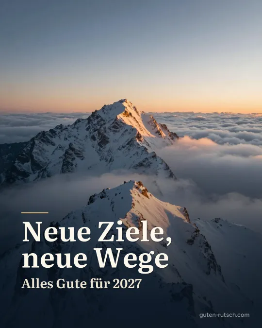 Sonnenaufgang über einem verschneiten Berggipfel, darauf der Gruß „Neue Ziele, neue Wege Alles Gute für 2027“