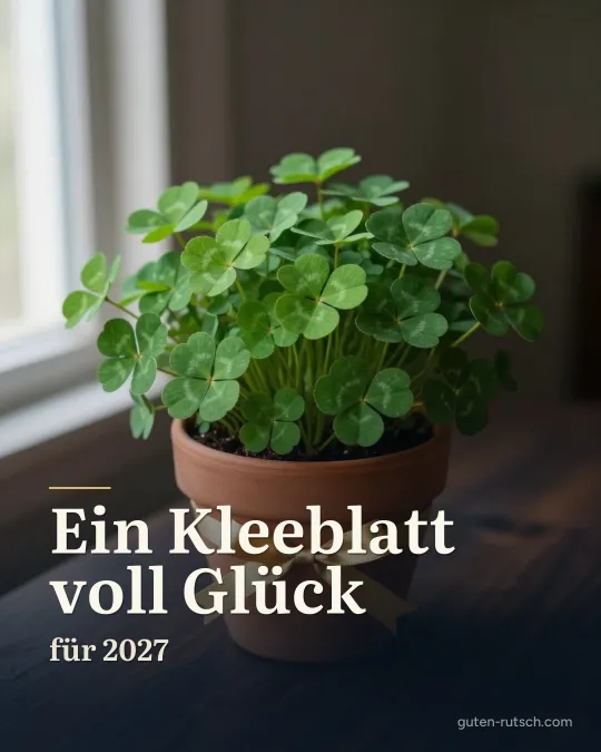 Glücksklee im Terrakottatopf mit goldenem Band, darauf der Gruß „Ein Kleeblatt voll Glück für 2027“