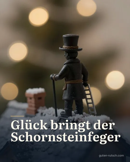 Kleine Schornsteinfeger-Figur mit Leiter auf einem verschneiten Miniaturdach, darauf der Gruß „Glück bringt der Schornsteinfeger“