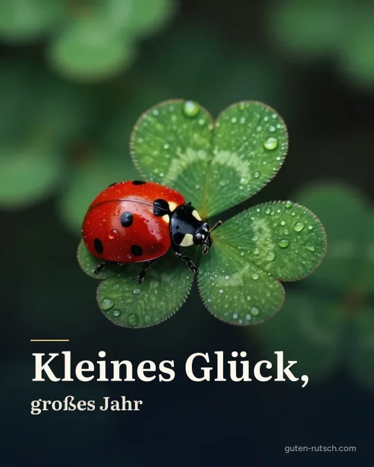 Marienkäfer auf einem vierblättrigen Kleeblatt in Nahaufnahme, darauf der Gruß „Kleines Glück, großes Jahr“
