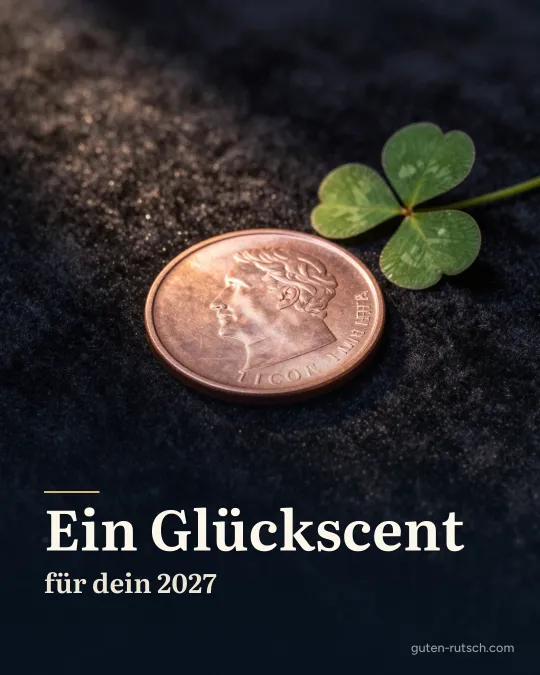 Glänzende Münze auf dunklem Samt neben einem Kleeblatt, darauf der Gruß „Ein Glückscent für dein 2027“