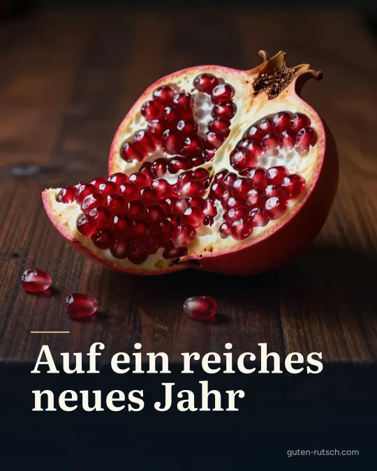 Aufgebrochener Granatapfel auf einem dunklen Holztisch, darauf der Gruß „Auf ein reiches neues Jahr“