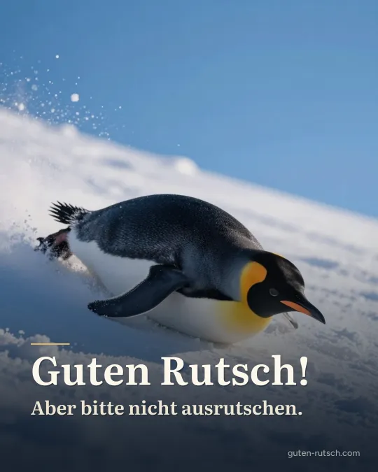 Pinguin rutscht auf dem Bauch einen verschneiten Hang hinunter, darauf der Gruß „Guten Rutsch! Aber bitte nicht ausrutschen.“