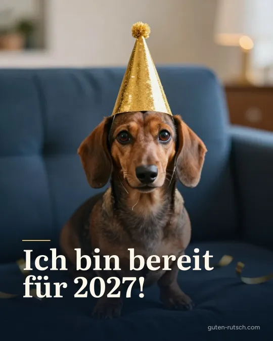 Dackel mit kleinem Partyhut sitzt neben Luftschlangen, darauf der Gruß „Ich bin bereit für 2027!“