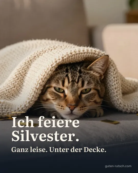Schläfrige Katze unter einer Wolldecke, umgeben von Konfetti, darauf der Gruß „Ich feiere Silvester. Ganz leise. Unter der Decke.“